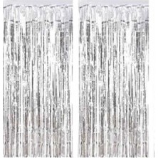 2 Adet 45 cm × 200 cm Metalize Arka Fon Kapı Perdesi Püsküllü Fon Süsü Gümüş
