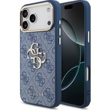 iPhone 18 Pro Max Kılıf Guess Lisanslı Gold Metal Kamera Çerçeve Metal Büyük 4g ve Yazı Logolu Mavi