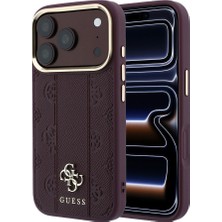 iPhone 18 Pro Kılıf Guess Lisanslı M-Safe Şarj Özellikli Şeritli Peony 4g ve Yazı Logolu Kapak Bordo