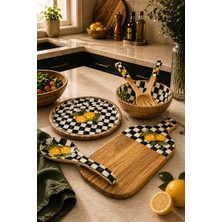 Crearthome Linda 7 Parça Ahşap Sunum Seti Limon Desenli Sofra ve Servis Seti