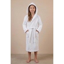 Motif Tekstil *ihraç Fazlası* %100 Pamuk Kapüşonlu Cepli Unisex Çocuk Bornozu -Hafif Kusurludur- - Beyaz - 10-12 Yaş