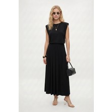 Ritnice Kadın Vanda Modal Touch Vatkalı Kolsuz Bluz Bel Lastikli Uzun Etek Siyah Alt Üst Takım