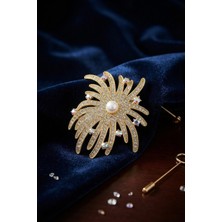 Nemere Zirkon Taşlı Gold Renk Inci Detaylı Broş TJ-BR504