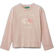 Happy Trend United Colors Of Benetton Kız Çocuk Toz Pembe Önü Parıltılı Baskılı Bisiklet Yaka Uzun Kollu T-Shirt, 225A35RYG10K7