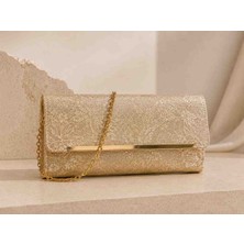 Lidya Gold Dore Çiçek Kabartma Desenli Altın Metal Detaylı Zincir Askılı Kadın Gece ve Portföy Çantası