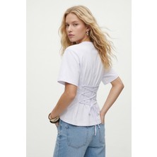 Ritnice Kadın Luma Belden Oturan Bağcıklı Ayarlanabilir Pamuk Beyaz T-shirt / Bluz