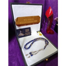 Kehribar Kişiye Özel Harfli Mavi Altın Parçacıklı Golden Rosary Tesbih Sertifikalı Hediye Kutulu