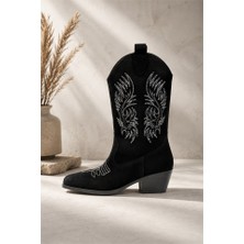 M&B COLLECT Kadın Clind Siyah Süet Nakişlii Western Kovboy Bot & Çizme
