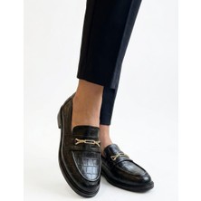 Shoemix Kadın Siyah Kroko Desenli Cilt Loafer Ayakkabı-Altın Tokalı Günlük Ayakkabı - Okul Ayakkabısı
