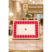 Mutfiko Sunum Tepsisi Gold Çerçeveli Ahşap Kenarlı Cam Servis ve Ikram Tepsisi 46 x 28 cm