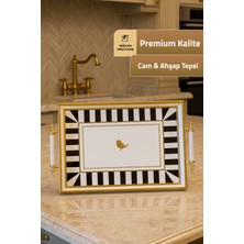 Mutfiko Lüks Gold Çerçeveli Cam Servis Tepsisi – Ahşap Kenarlı Premium Sunum Tepsisi 46×28