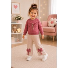 Serpil Kız Çocuk Pudra Pembe Fiyonk Detaylı Sweatshirt Bej Bol Paça Pantolon 2’li Takım