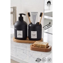 Muf Home 4 Parça Ahşap Stantlı Cam Banyo Seti | Sıvı Sabunluk, Diş Fırçalık ve Katı Sabunluk Düzenleyici (Bpa Içermez, 425CC)