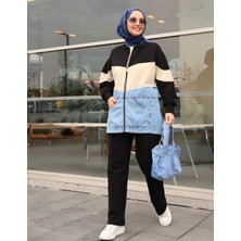 Zuhal Yıldız Collection Kadın Tesettür %100 Pamuk Denim Detaylı Ikili Takım – Fermuarlı Uzun Üst ve Pantolon Spor Takım