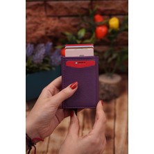 Özka Leather Suni Deri Mekanizmalı Vegan Deri Kartlık Cüzdan Portföy Mor Mürdüm