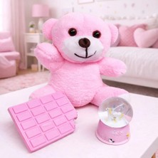 Uslucan Alışveriş Pembe Peluş Ayıcık Kar Küresi ve Pembe Çikolata Not Defteri