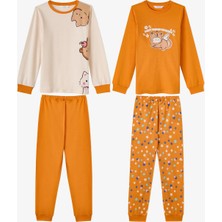 Penti Kız Çocuk Turuncu Don't Worry Pamuklu Uzun Kollu 2'li Pijama Takımı