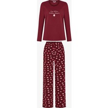 Penti Bordo Letters Kuş Desenli Uzun Kollu Pantolon Pijama Takımı
