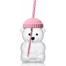 Azesur Pembe-Ayıcıklı Tasarım Cam Matara Pipetli Koruyucu Başlıklı Bardak 600 ml