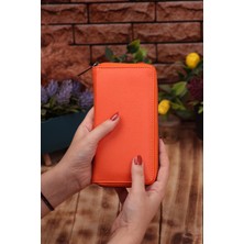 Özka Leather Turuncu Telefon Bölmeli Unisex Deri Portföy Kartlık Uzun Cüzdan
