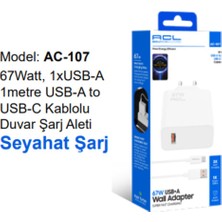 AC-107 67WATT, 1xusb-A 1metre Usb-A To Usb-C Kablolu Duvar Şarj Aleti