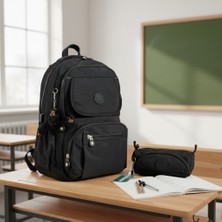 Duomino Krinkıl Suya Dayanıklı Orta Boy Siyah Klinkır Sırt Çantası Laptop Okul Çantası Kalemlik Takım Çanta