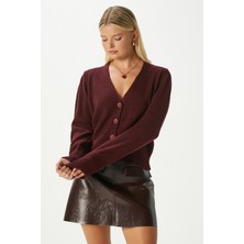 Kadın Bold Yumuşak Doku V Yaka Bordo Triko Hırka 70148