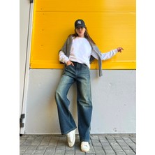 Zerena Retro Vintage Style Taşlanmış Şeritli Lacivert Baggy Kot