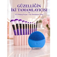 HemenGo 12’li Mor Makyaj Fırça Seti ve Silikon Yüz Temizleme Cihazı Ikili Makyaj ve Cilt Bakım Seti