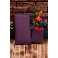 Özka Leather Mürdüm Telefon Bölmeli Uzun Cüzdan ve Otomatik Mekanizmalı Kartlık Cüzdan Sevgili Paketi