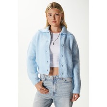 Kadın Lean Yumuşak Doku Polo Yaka Mavi Basic Triko Hırka HI00179