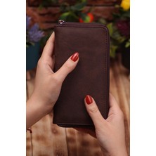 Özka Leather Crazy Kahverengi Telefon Bölmeli Unisex Deri Uzun Kartlık Cüzdan Portföy