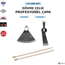 Apeksal Dövme Çelik 2’li Çapa Seti – 120 cm ve 50 Cm Ahşap Saplı Baltalı Kök ve Ay Bahçe & Tarım Çapası