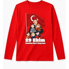 Efendioğlu Design Uzun Kollu Atatürk'e Sarılan Çocuklar Baskılı Pamuklu 29 Ekim Cumhuriyet Bayramı Tişörtü