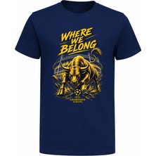 Efendioğlu Design Where We Belong ve Boğa Baskılı Pamuklu Sarı Lacivert Renklerde Yetişkin T-Shirt