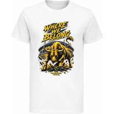 Efendioğlu Design Where We Belong ve Boğa Baskılı Pamuklu Sarı Lacivert Renklerde Yetişkin T-Shirt
