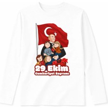 Efendioğlu Design Uzun Kollu Atatürk'e Sarılan Çocuklar Baskılı Pamuklu 29 Ekim Cumhuriyet Bayramı Tişörtü