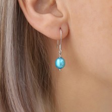Nox Jewelry Rodyum Kaplama 925 Ayar Gümüş  Mavi Tatlı Su İncili Sallantılı Kadın Küpe - EP00117