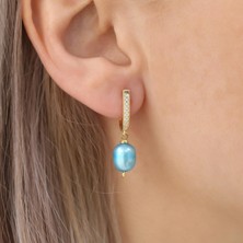 Nox Jewelry 14 Ayar Altın Kaplama Zirkon Taşlı Mavi Tatlı Su İncili Sallantılı Kadın Gümüş Küpe- EP00116