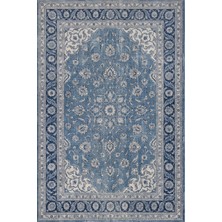 Rugzella Vale Denim Mavi Eskitme Madalyon Desenli Klasik Antika Görünüm Yıkanabilir Halı