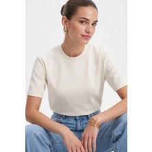Kadın Rise Dekoratif Yaka Tok Doku %100 Pamuk Açık Bej T-Shirt