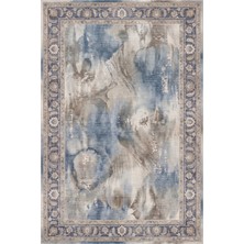 Rugzella Prairie Soluk Denim Mavi Krem Suluboya Modern Eskitme Desenli Yıkanabilir Halı