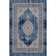 Rugzella Denim Mavisi Klasik Madalyon Desenli Bordürlü Ince Hav Yıkanabilir Halı