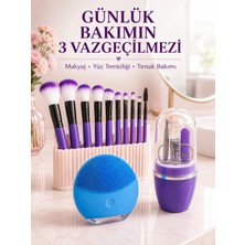 İlk El Grup 3’lü Güzellik ve Bakım Seti 12’li Mor Makyaj Fırçası Silikon Yüz Temizleme Cihazı ve Man