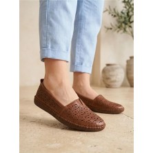 BEREN Hakiki Deri Kadın Babet Ortopedik Taban Lazer Delikli Slip-On Comfort Ayakkabı