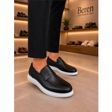 Beren Erkek Hakiki Deri Siyah Beyaz Tabanlı Loafer Ayakkabı Ortopedik Taban Mokasen