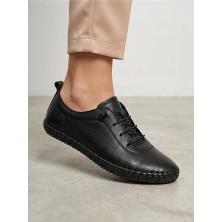 BEREN Hakiki Deri Kadın Ayakkabı Ortopedik Taban Düz Esnek Bağcıklı Comfort Casual Günlük Sneaker