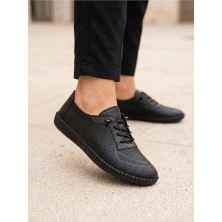 BEREN Hakiki Deri Kadın Yürüyüş Ayakkabı Lazer Delikli Ortopedik Taban Elastik Bağcıklı Comfort Sneaker