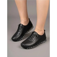 BEREN Hakiki Deri Kadın Ayakkabı Ortopedik Taban Düz Esnek Bağcıklı Comfort Casual Günlük Sneaker