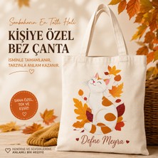 ElyNowa Kişiye Özel Isim Baskılı Sonbahar Kedi Bez Çanta – Yaprak Desenli Sevimli Kedi Tasarımlı Pamuklu Omuz Çantası